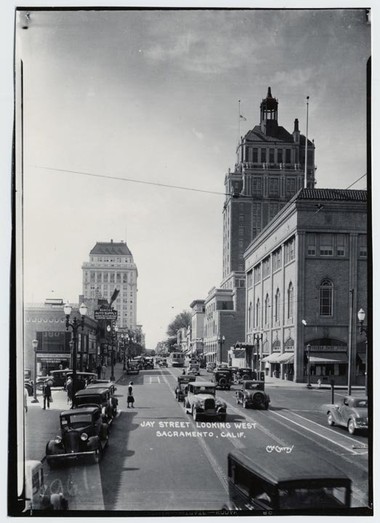 A view up J Street in 1930. The Elks Tower is at right (CA State Library).