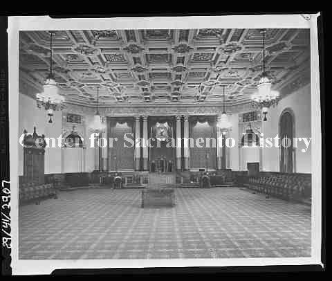 A 1955 photo of one of the meeting rooms shows off the Tower's ornately coffered ceilings, many of which were covered with acoustic tiles after a hasty 1970s "modernization." (Center for Sacramento History).