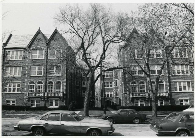 September 1983 - Wide view of two apartment complexes with shared courtyard. 
