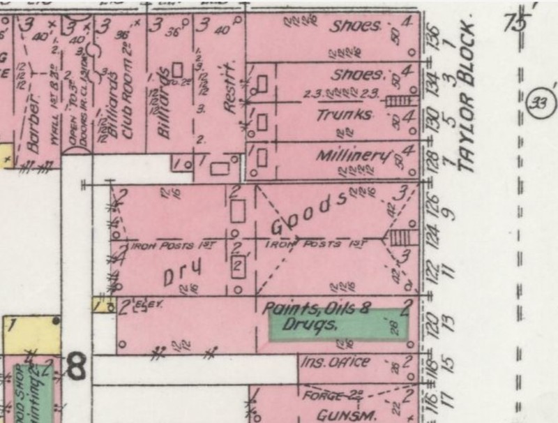 "Paints, Oils & Drugs" at Wells Yeager Bates Building in 1899 (#120 S Third St., Sanborn Map Company p. 14)