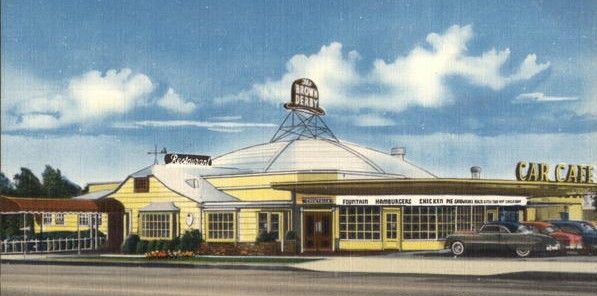 A postcard of the Los Feliz Brown Derby in the 1940s or 1950s. This building was featured on the TV show "Happy Days" as the new Arnold's restaurant.