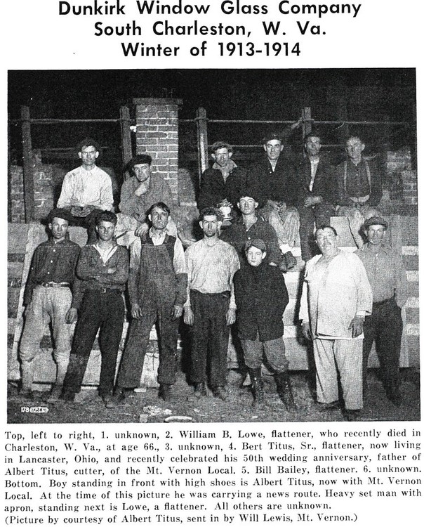 Dunkirk Window Glass in 1914,  South Charleston
Photo from "The Glass Cutter Monthly" by Will Lewis in the 1950s.
