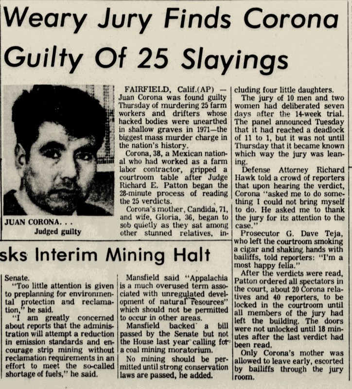 As the deadliest serial killer in American history at the time, Juan Corona was national news. Here, his verdict appears in West Virginia's Bluefield Daily Telegraph (19 Jan. 1973, p. 17).