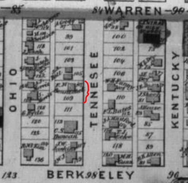 "F.N. Bennedict" house on Lot 107 (red bracket) on 1873 Beers Atlas map sheet 33