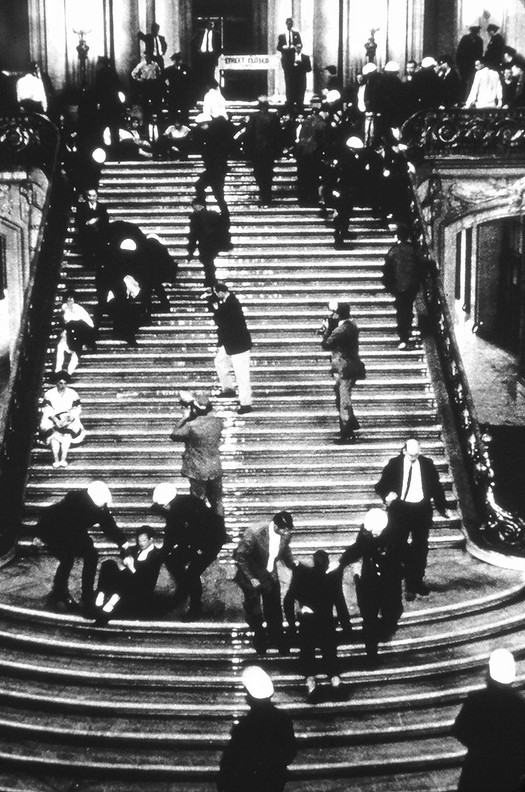 Anti-HUAC student protesters being hosed down the stairs of City Hall by police on May 13, 1960