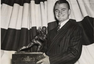 Nile Kinnick being awarded the Heisman Trophy. “I'd like to make a comment which, in my mind, is indicative perhaps of the greater significance of football and sports emphasis in general in this country. And that is I thank God I was warring on the gridirons of the Midwest and not on the battlefields of Europe. I can speak confidently and positively that the players of this country would much more, much rather struggle and fight to win the Heisman award than the Croix de Guerre” 