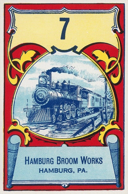 A vintage advertisement for Hamburg Broom Works featuring a locomotive from the near Reading Railroad, 1920