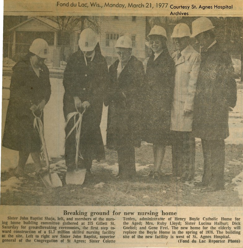 News clipping from groundbreaking ceremony for St. Francis Home, 1977.