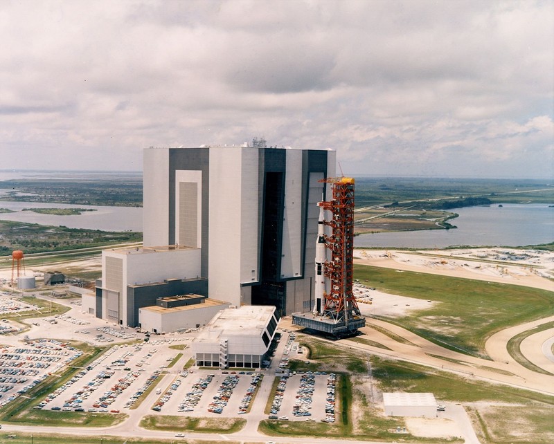 The Apollo 11 Saturn V rolls out of the KSC's Vehicle Assembly Building in May 1969. The world's largest single-story building, the VAB made it possible to fully assemble vehicles like the Saturn V and Space Shuttle. Courtesy of NASA.