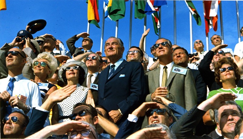 Former President Lyndon B. Johnson and Vice President Spiro Agnew observe the Apollo 11 liftoff at the Kennedy Space Center on July 16, 1969. Courtesy of NASA.