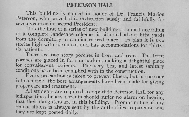 A description of Peterson Hall taken from the 1914-15 course catalog