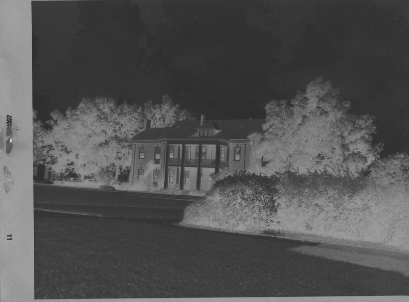 A photo negative of Peterson Hall