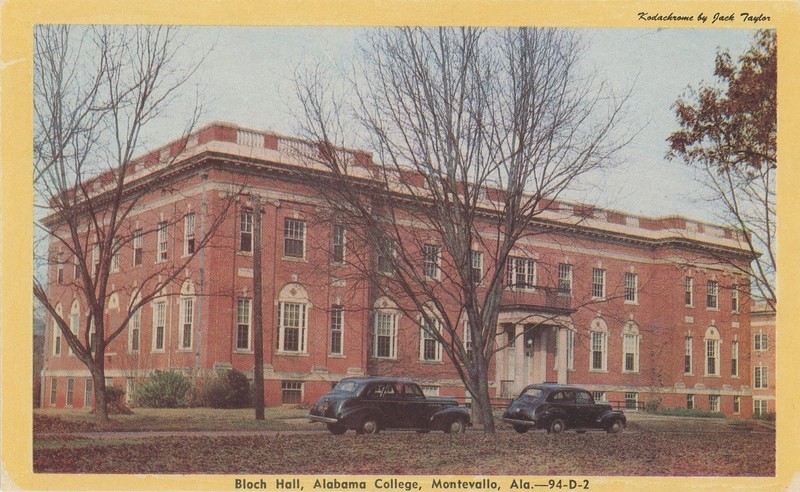 A postcard with a picture of Bloch Hall