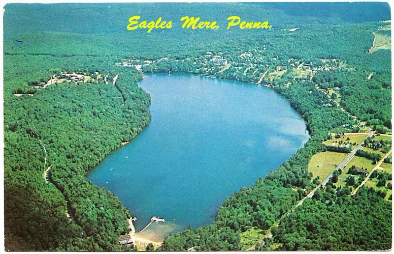 A 1963 aerial view of Eagles Mere Lake and surrounding area. 