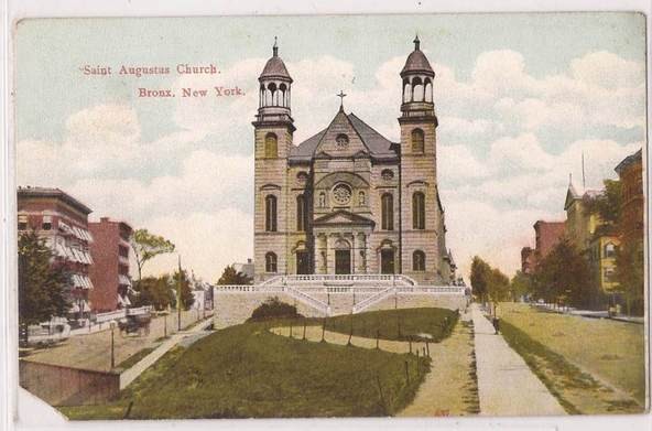Saint Augustine in a 1909 colorized photo, then known as Saint Augustus Church. This is the church on 1180 Fulton Avenue, built in 1894. (Image from the Saint Augustine – Our Lady of Victory website) 