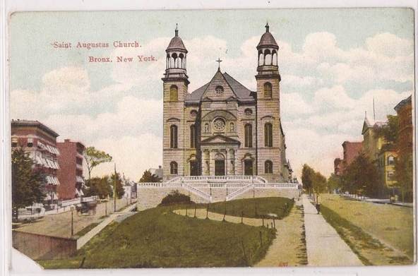 Saint Augustine in a 1909 colorized photo, then known as Saint Augustus Church. This is the church on 1180 Fulton Avenue, built in 1894. (Image from the Saint Augustine – Our Lady of Victory website)