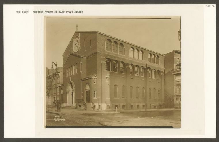 The Our Lady of Victory Church building on 1512 Webster Avenue, circa 1880s. (Image from the NYPL online archive) 