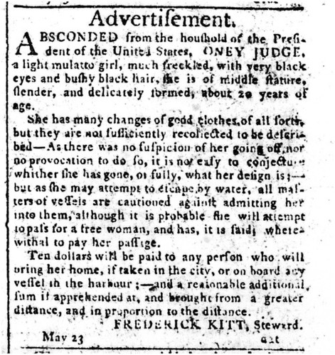 Advertisement for the return of Ona Judge published in the Pennsylvania Gazette, May 24, 1796, courtesy Library of Congress.