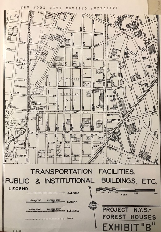 A map of the proposed site of the Forest Houses development. Two avenues, Jackson and Forest, were bulldozed and planned over to create the superblocks where Forest Hoses is located. (Image from Wagner and Laguardia Archives)