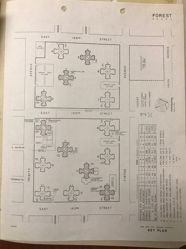 A map that shows the 15 buildings of Forest Houses and their varying heights. (Image from Wagner and Laguardia Archives)