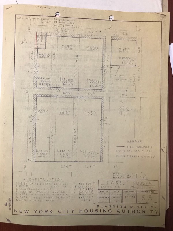 A blueprint that shows the proposed plan to widen the streets surrounding Forest Houses. In the original plans, Trinity Episcopal Church was to be demolished and moved to a different location. 