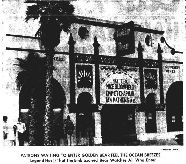 Patrons waiting to enter Golden Bear feel the ocean breezes. Legend has it that the emblazoned bear watches all who enter. Source: Santa Ana Register, July 8, 1976