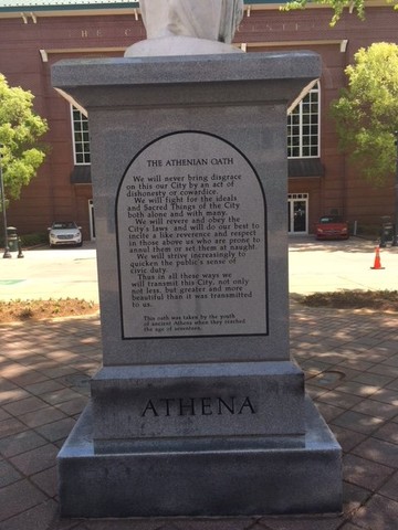 Ancient Athenian Oath; on the statue's base facing N Thomas St.