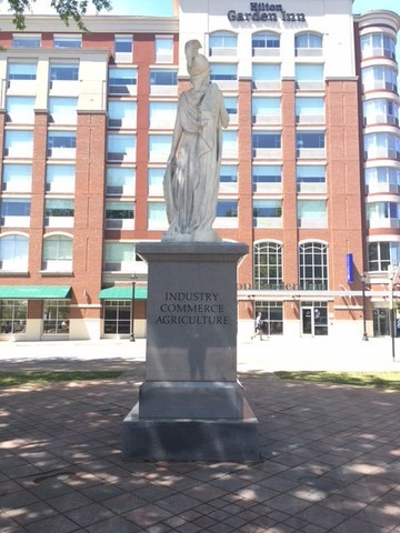 East/back view of Athena, facing the Classic Center; inscribed on the base are the words "Industry," "Commerce," and "Agriculture"