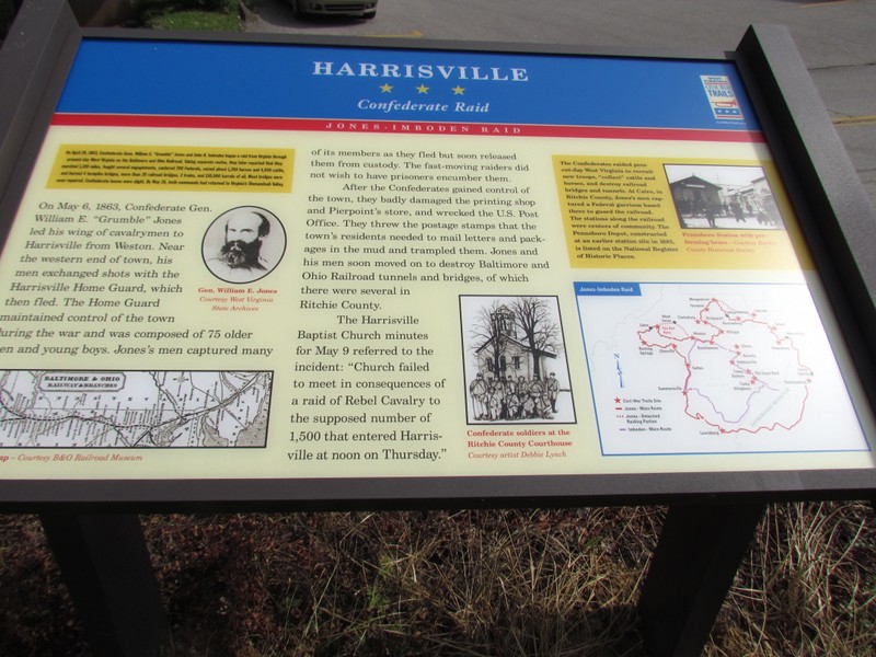 Historical marker regarding the Jones-Imboden Raid's presence in Harrisville.