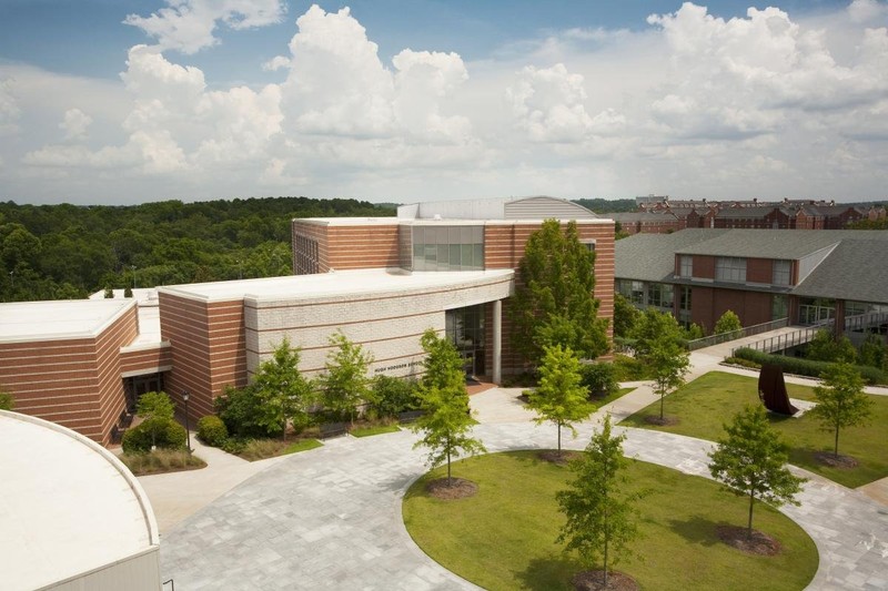 Overhead view of the performing and visual arts quadrant, which is made up of the UGA Performing Arts Center, the Hugh Hodgson School of Music, the Lamar Dodd School of Art, and the Georgia Museum of Art