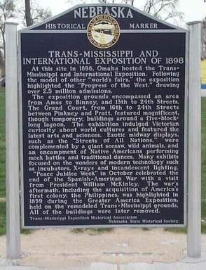 This historical marker at Kountze Park commemorates the history of the Trans-Mississippi Exposition of 1898 designates the location of the Grand Court. 