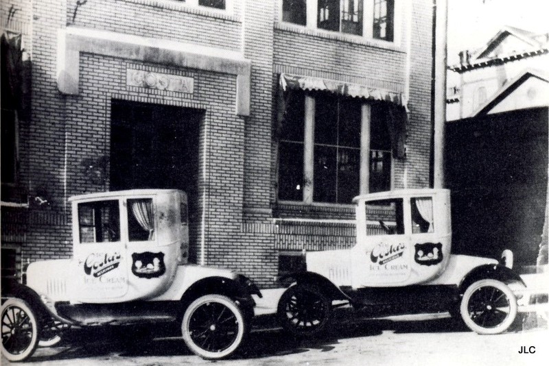 The facade of Costa's Ice Cream factory on East Washington Street with company cars, photo courtesy of "Growing up in Athens GA," Facebook.