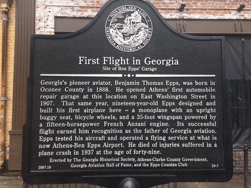 Georgia Historical Marker dedicated to his first flight