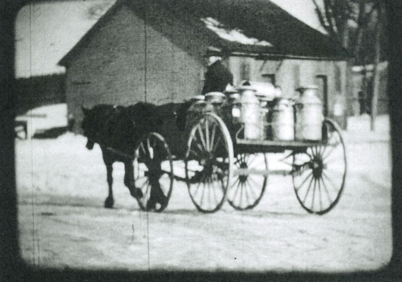 Still image of milk being delivered to the Contoocook Depot from film by Oscar Polhemus, circa 1930. 