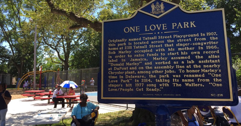 Historical marker at One Love Park