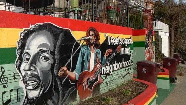 Detail of Bob Marley mural across the street from One Love Park