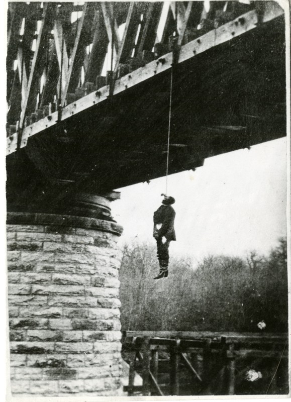 The Daily Herald (Grand Forks, Dakota Territory) photograph of Charles Thurber hanging from the railroad bridge on October 25, 1882.

Courtesy of the Elwyn B. Robinson Department of Special Collections. Chester Fritz Library. UND.