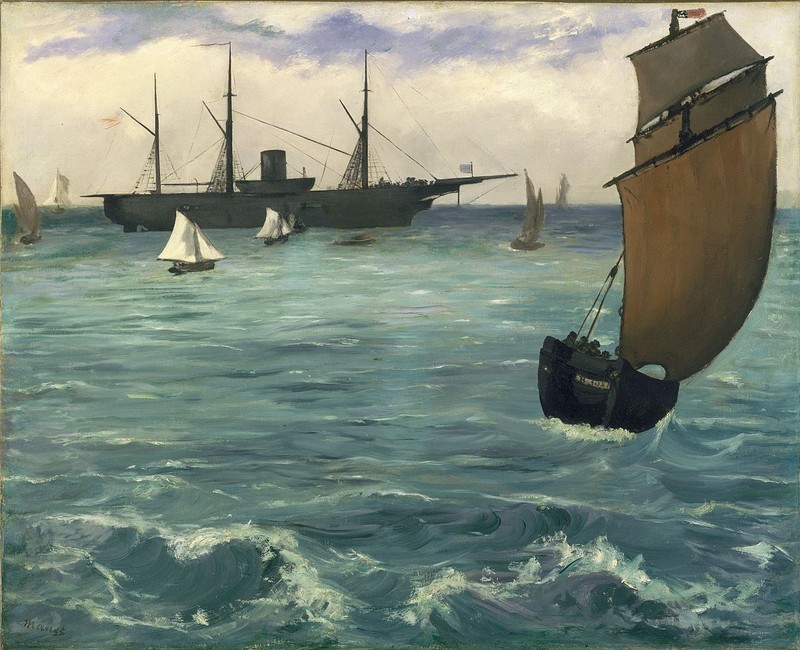 The Kearsarge at Boulogne is an 1864 painting by Édouard Manet depicting the Union cruiser USS Kearsarge, victor of the Battle of Cherbourg over the rebel privateer CSS Alabama. The painting is owned by the Metropolitan Museum of Art. The USS Kearsarge was built with lumber supplied by Joseph Barnard.