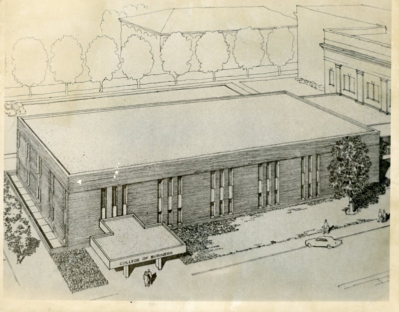 This image features an aerial drawing of Morgan Hall. 