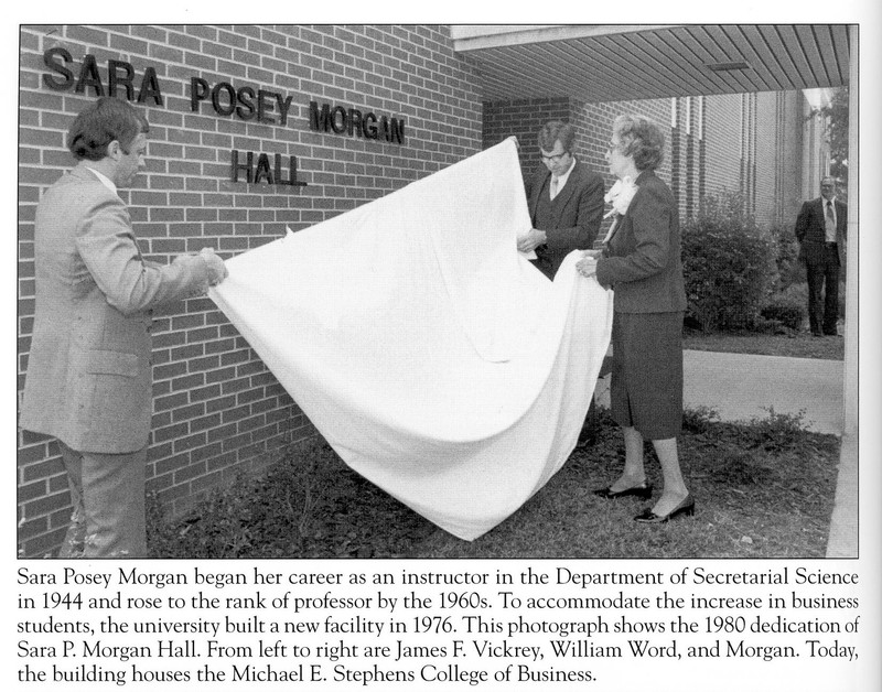 This scan features an image and caption from the book called "Images of America Montevallo" and pictures the unveiling of the sign that dedicated the building to Sara P. Morgan in 1980.  