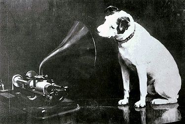 Francis Barraud's original painting of Nipper looking into a phonograph and hearing "His Master's Voice"