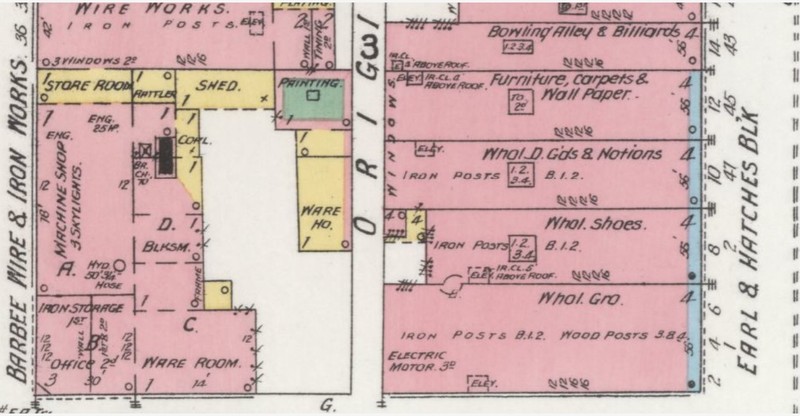 Earl and Hatcher Block (lower right) at 2 to 12 N. Third St. in 1899 (Sanborn Map Company p. 14)