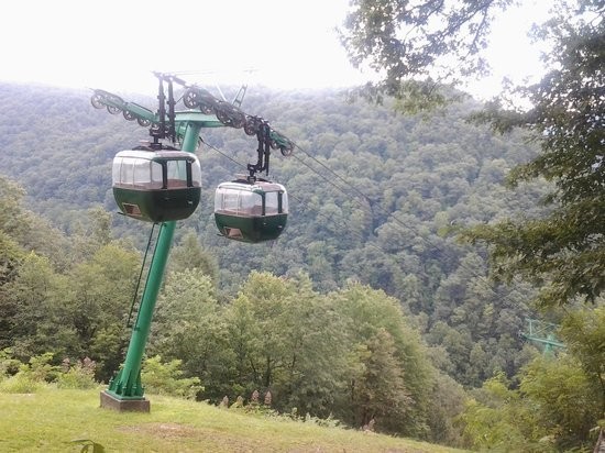 The aerial gondolas in the park. The aerial tramway was built in 1970 and provides visitors a dramatic view down the mountain to the river, where jet boat rides are also available.