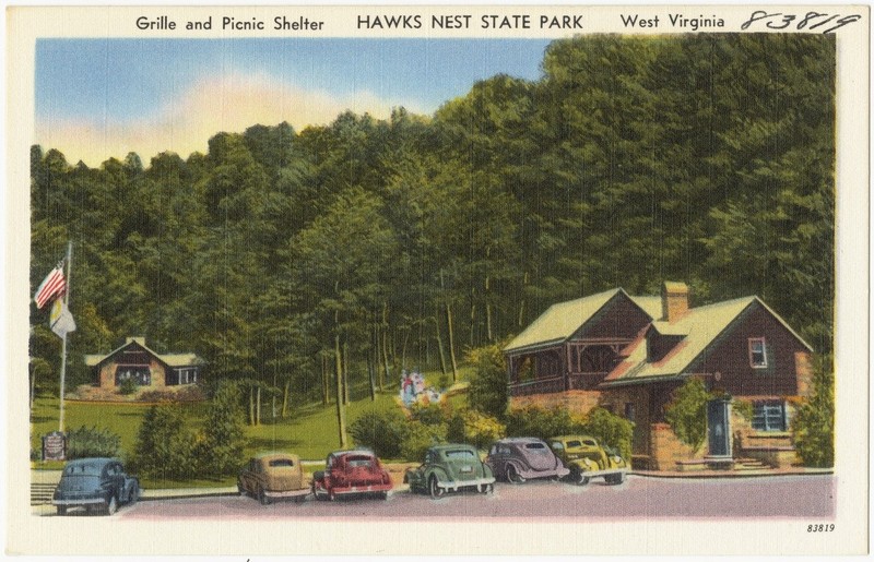 Postcard depicting the Grille and picnic shelters circa 1930-45.