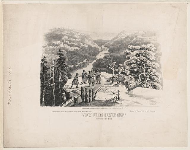 1862 print showing the view from Hawks Nest towards the East. Union troops had an outpost in the area at the time, which was hastily evacuated during the Confederate invasion in August of that year.