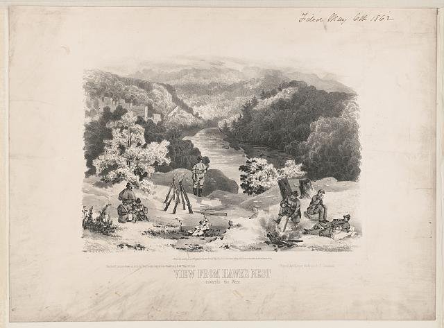 1862 print showing the view from Hawks Nest towards the West. Though Union troops abandoned the post during the Confederate invasion that took Charleston, the Federals were back in possession by the end of the year.