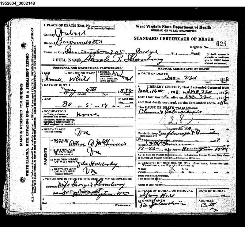 Death certificate of Sarah Thornburg