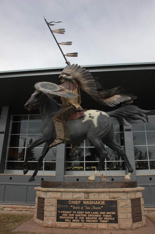 The monument on the University of Wyoming campus depicts Chief Washokie after his victory at the Battle of Crowheart Butte. Artist Dave McGary titled his work the "Battle of Two Hearts."