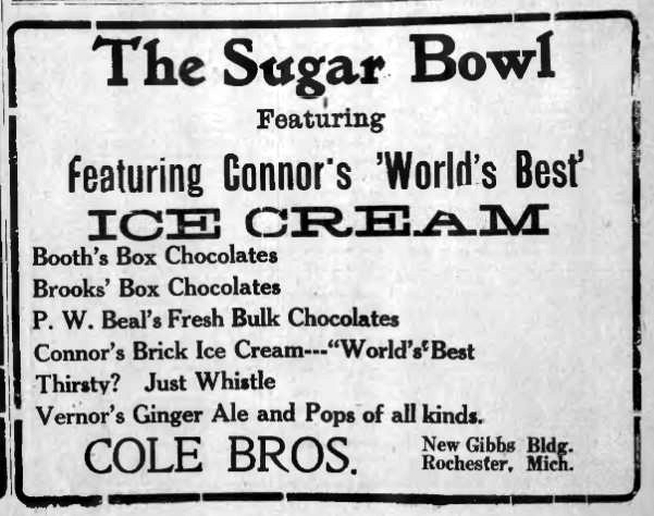 Newspaper advertisement for the Cole Brothers Sugar Bowl in the Gibbs Block, 1921