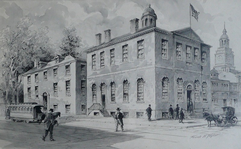 Original watercolor study for "The Old Structure at Fifth and Chestnut Streets and Philosophical Hall", one of Taylor's "Old Philadelphia" prints, showing Philosophical Hall to the left, Old City Hall to the center right, and the tower of Independence Hall to the far right.